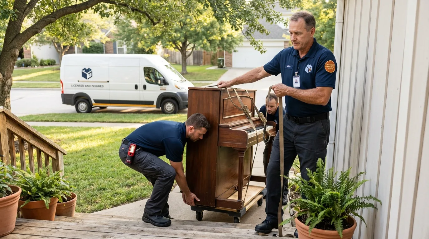 Licensed piano movers securing grand piano in Ishpeming, MI