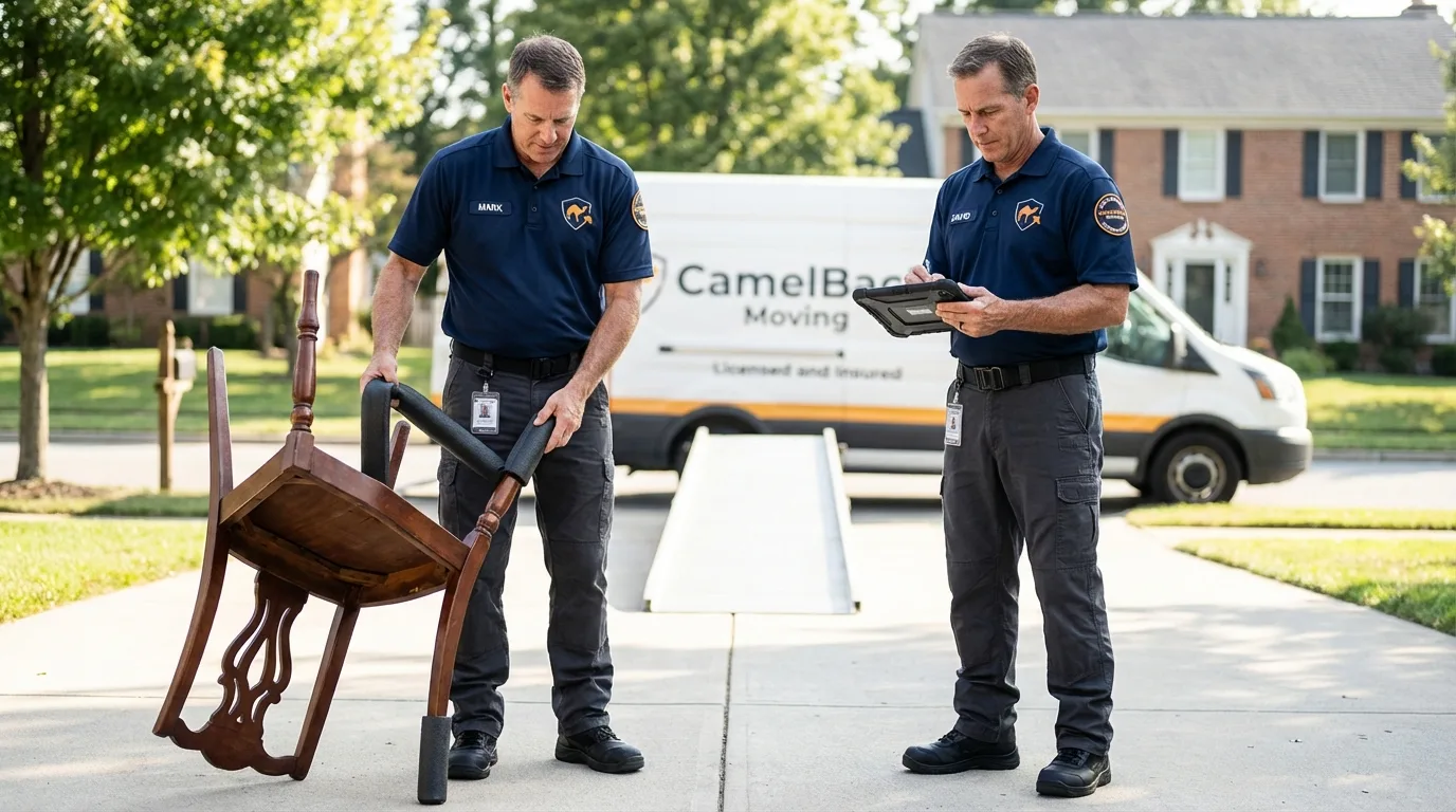 Movers inspecting furniture for damage prevention before loading in Ishpeming, MI